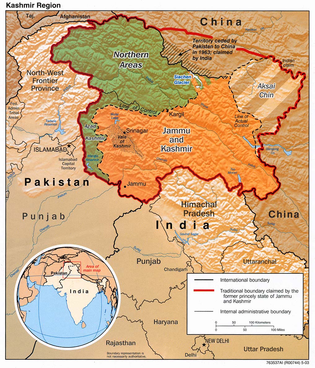 Detailed Map of KASHMIR showing Pakistan Occupied Kashmir & China Occupied Kashmir.