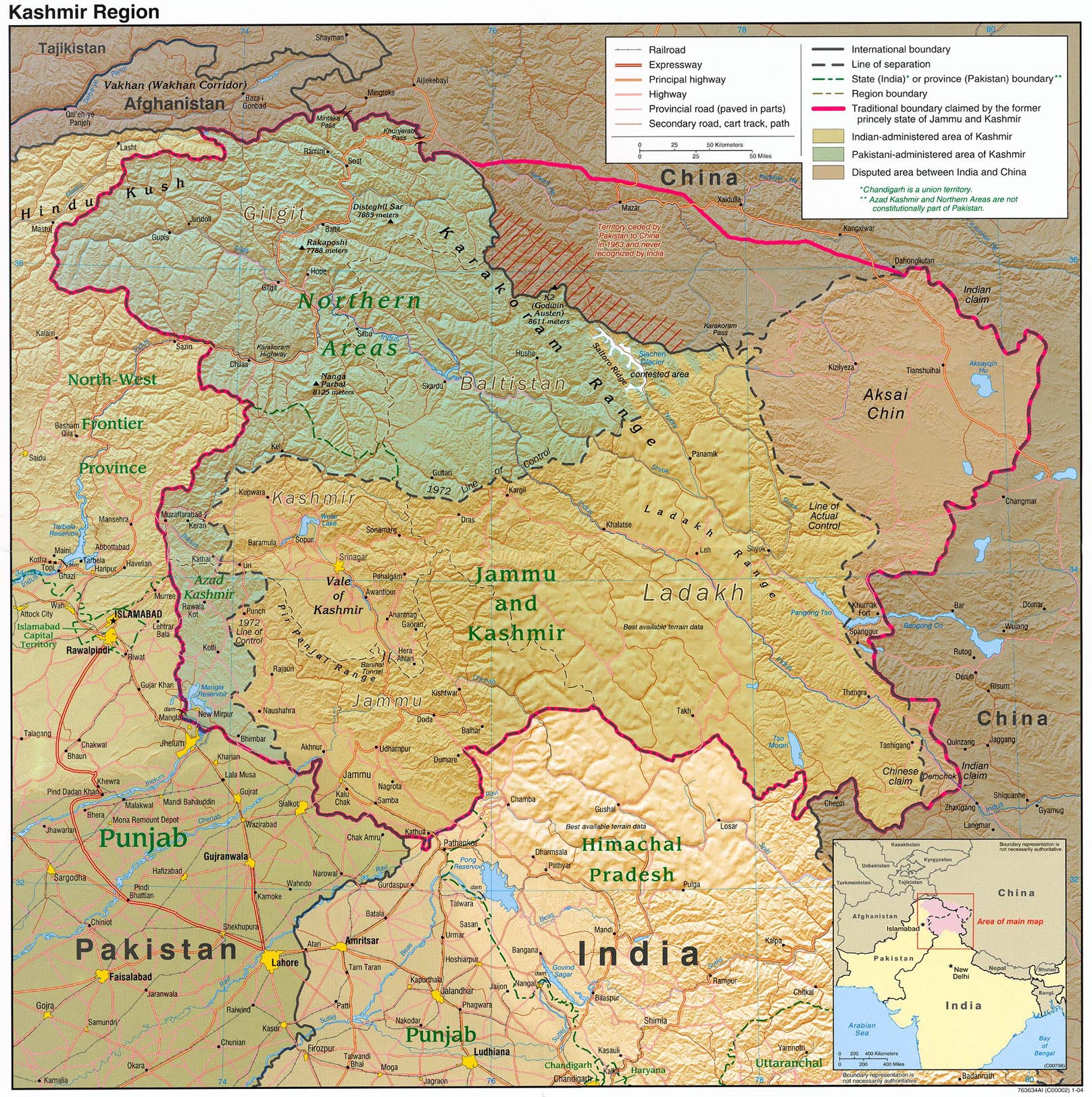 Detailed Map of KASHMIR showing Pakistan Occupied Kashmir & China Occupied Kashmir.