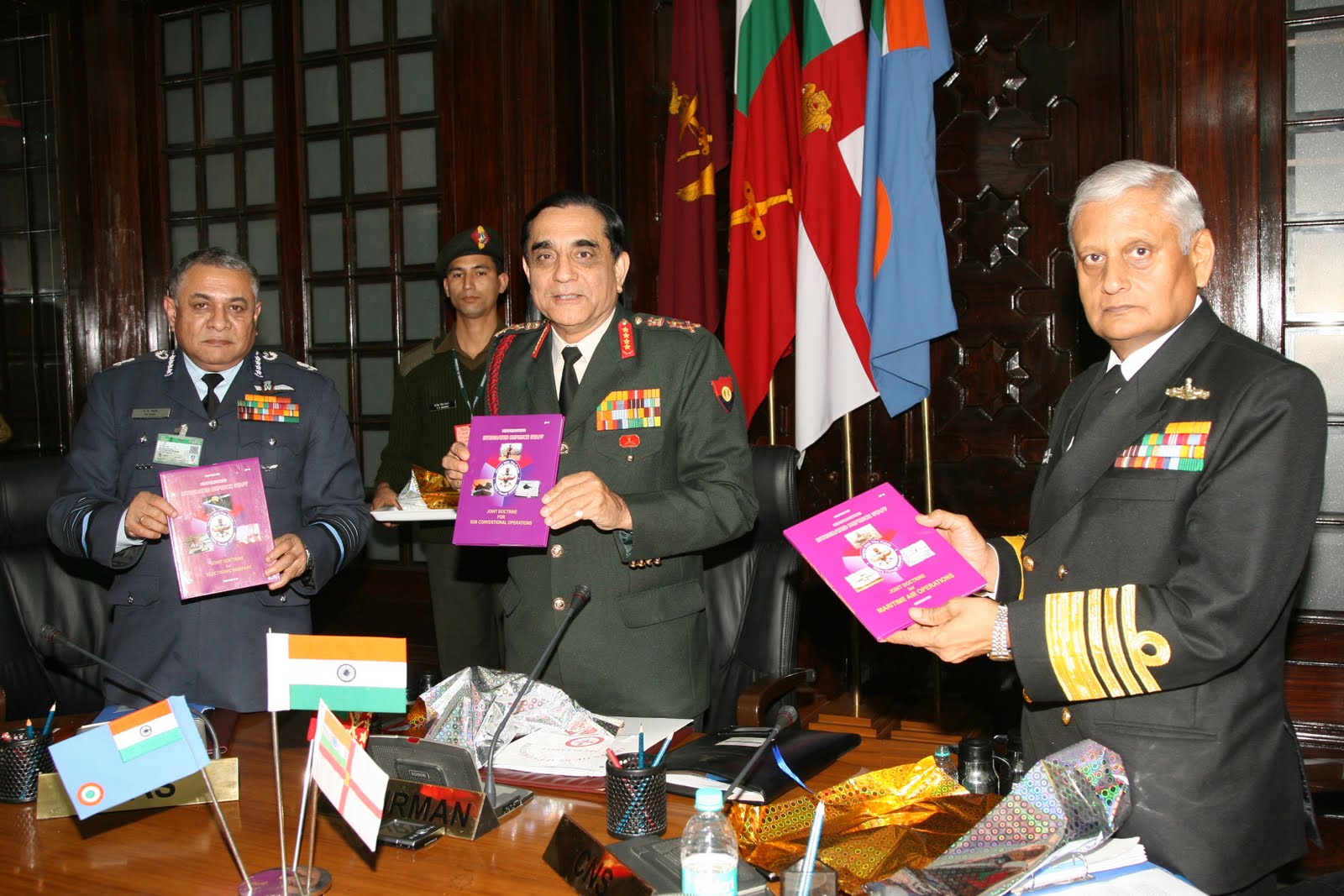 The Three Joint Chief Of Staff of the INDIAN ARMED FORCES; namely Air Marshal SP Tyagi, General Deepak Kapoor and Admiral Nirmal Verma.