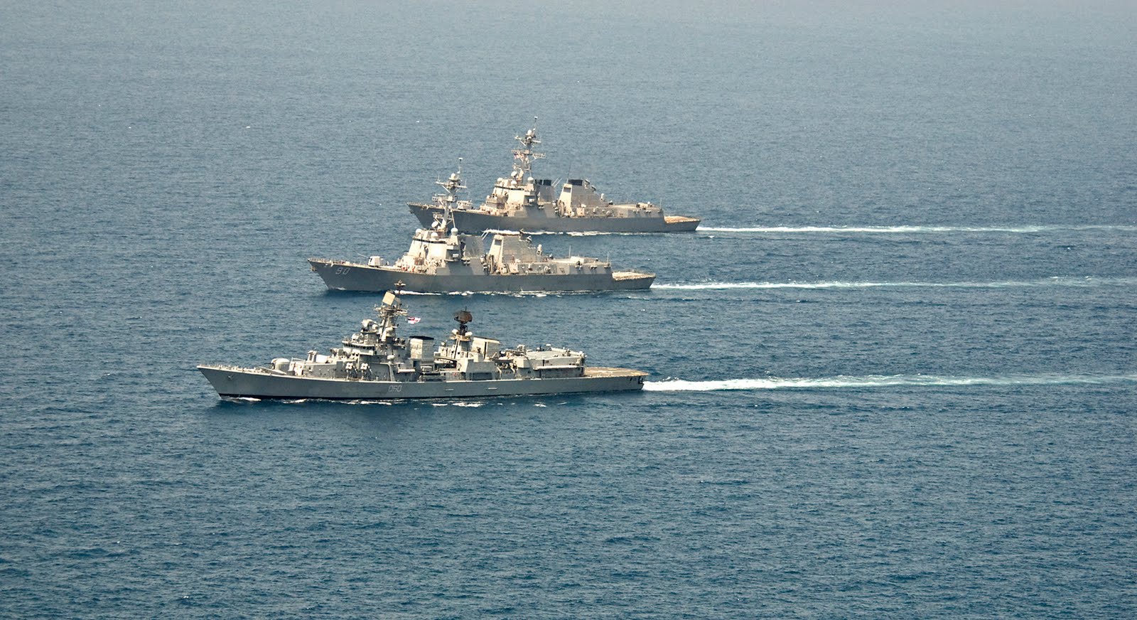 Guided Missile Destroyer INS Mysore (Delhi-class D60) with USS Chaffee (Arleigh Burke-class DDG 90) and USS Curts (Oliver Hazard Perry-class FFG 38) in Indo-US Malabar 2010 naval exercise in Indian Ocean