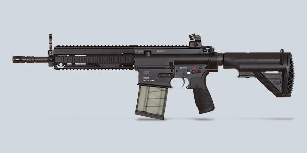           Heckler & Koch HK417 .30Caliber (7.62x51mm)
The HK417 is a battle rifle designed and manufactured in Germany by Heckler & Koch. It is a gas-operated, selective fire rifle with a rotating bolt and is essentially an enlarged HK416. Chambered for the 7.62x51mm NATO round, it is intended for use as a designated marksman rifle, and in other roles where the greater penetrative power and range of the 7.62mm round are required.