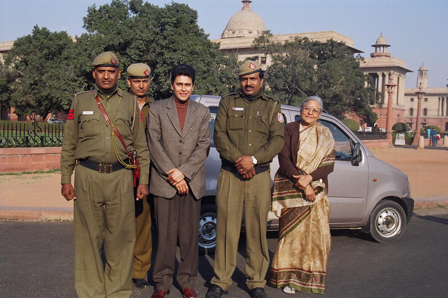 My Aunt Vineeta (Neerja Bua) & my cousin Abhinav, standing in the RASHTRAPATI BHAVAN perimeter, with the Security personnel; New Delhi. 1/14/08  