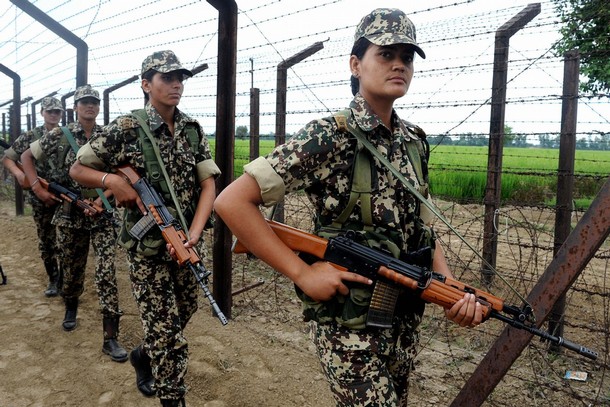 Indian Women of Border Security Force on patrol at India-Pakistan border in PUNJAB 