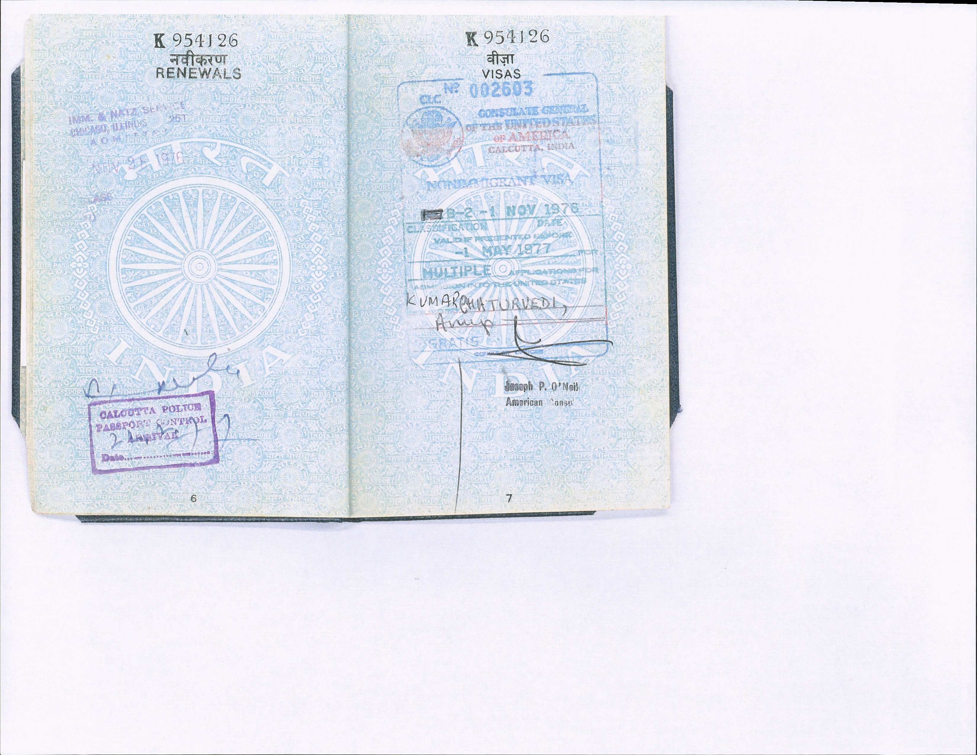 Indian Passport # K954J26,
 