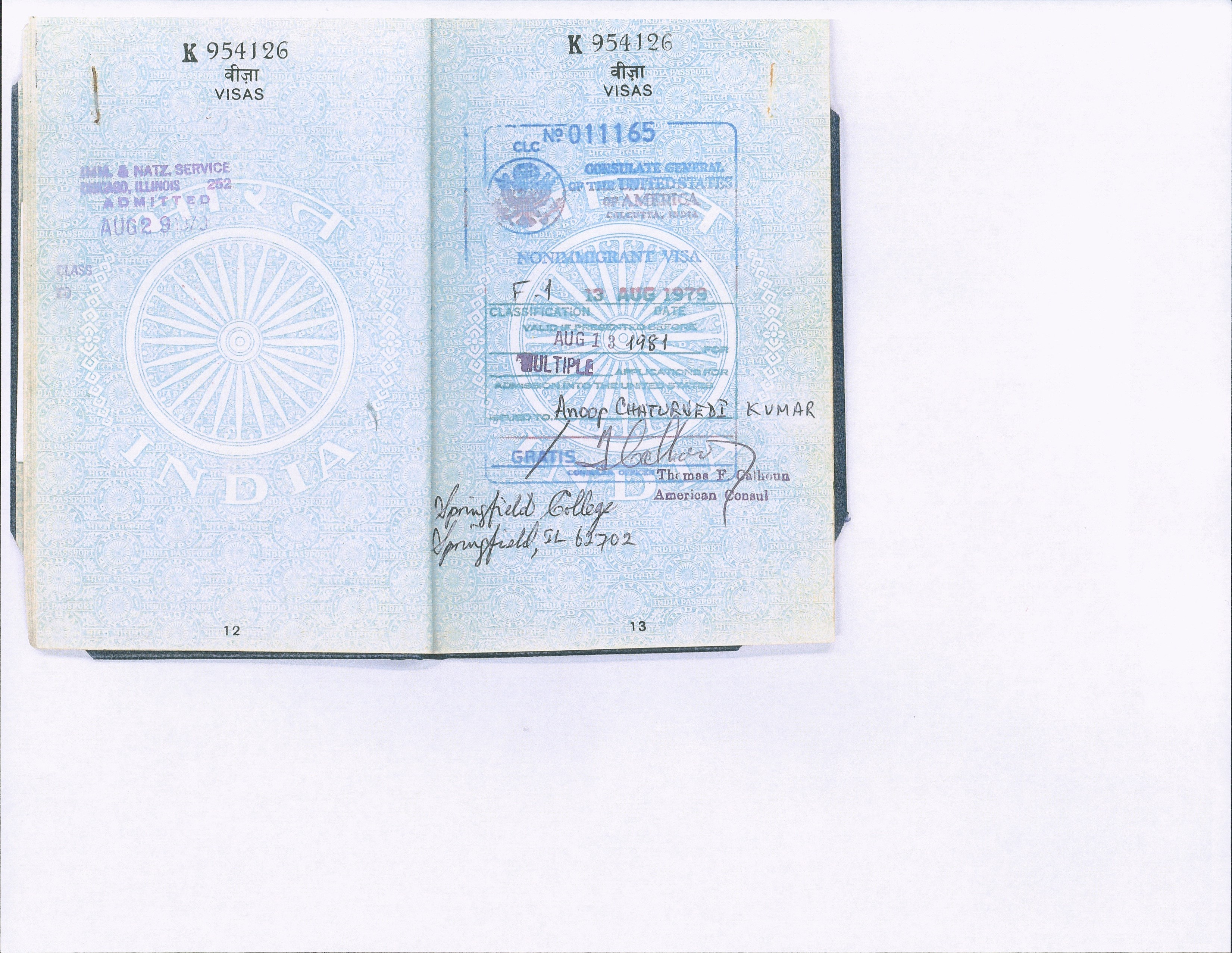 Indian Passport # K954J26,
 