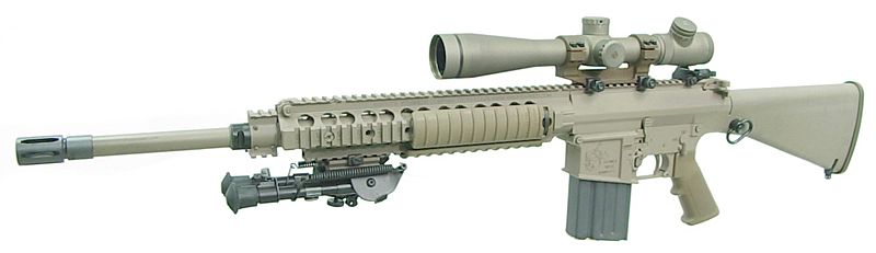              LONG-RANGE-SNIPER-RIFLE
7.62mm (30Caliber) 'M110-SAS' HIGH POWERED SEMI-AUTOMATIC BATTLE RIFLE. Modern BATTLE RIFLES are of 7.62mm(30Caliber) or greater; as the cartridge have greater velocity & heavy power, to penetrate a KEVLAR BULLET PROOF VEST, worn by practically everyone these days.